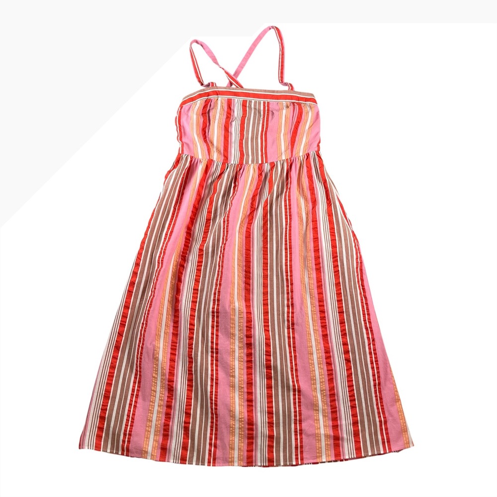 LOFT Petites Multi Striped Cross‎ Back Cotton Midi Dress Pink Red 10P NWT